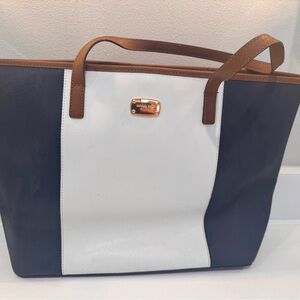 Michael Kors Jet Set Large Leather-Trim Navy & White Color Block Tote Bag